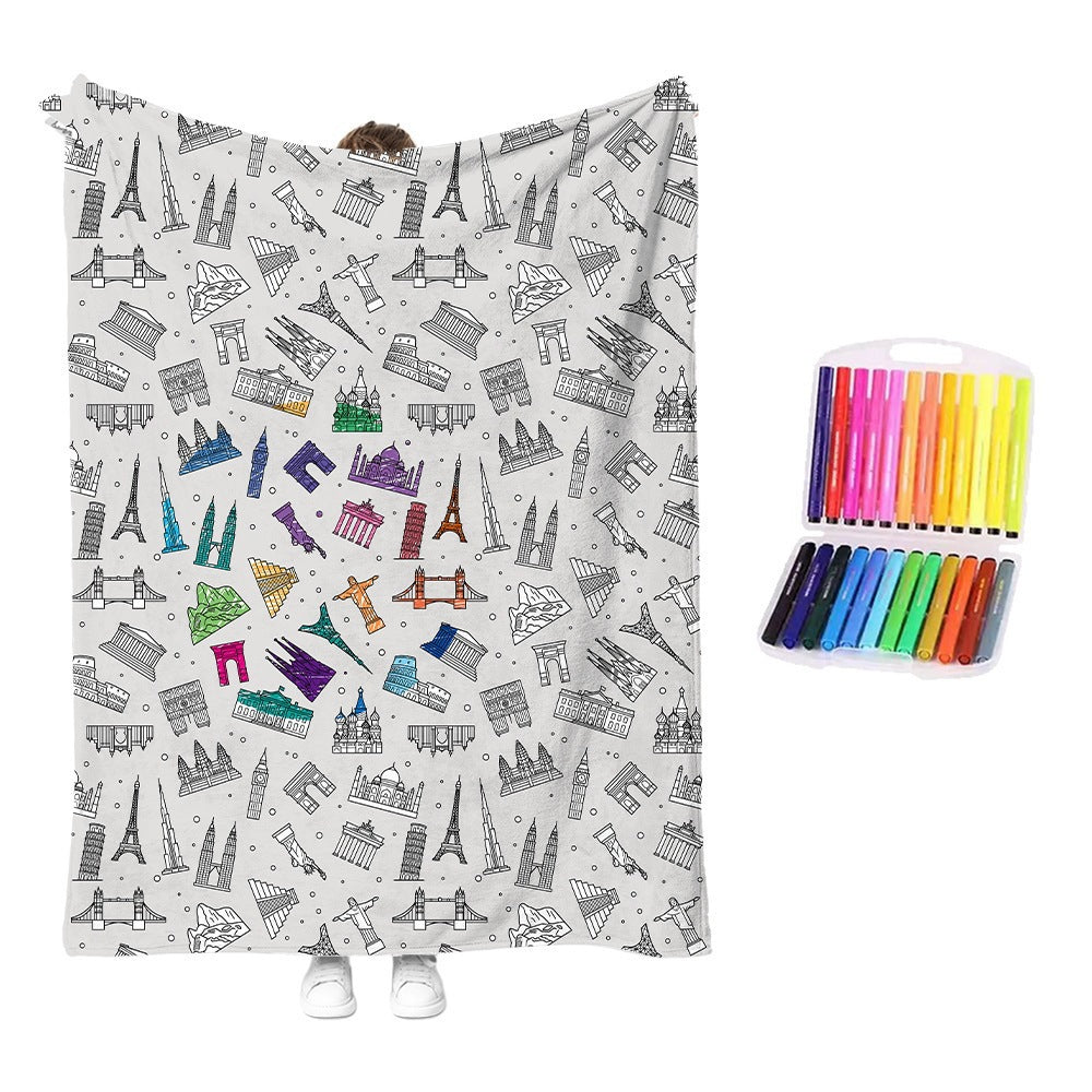 Castle-and-fantasy washable coloring blanket, light gray; includes rainbow color pens