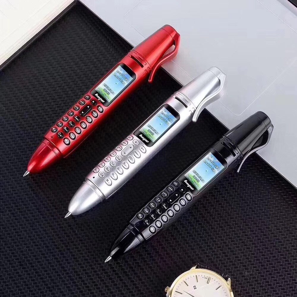 Red, silver, and black mini button phones with stylus tips and keypads
