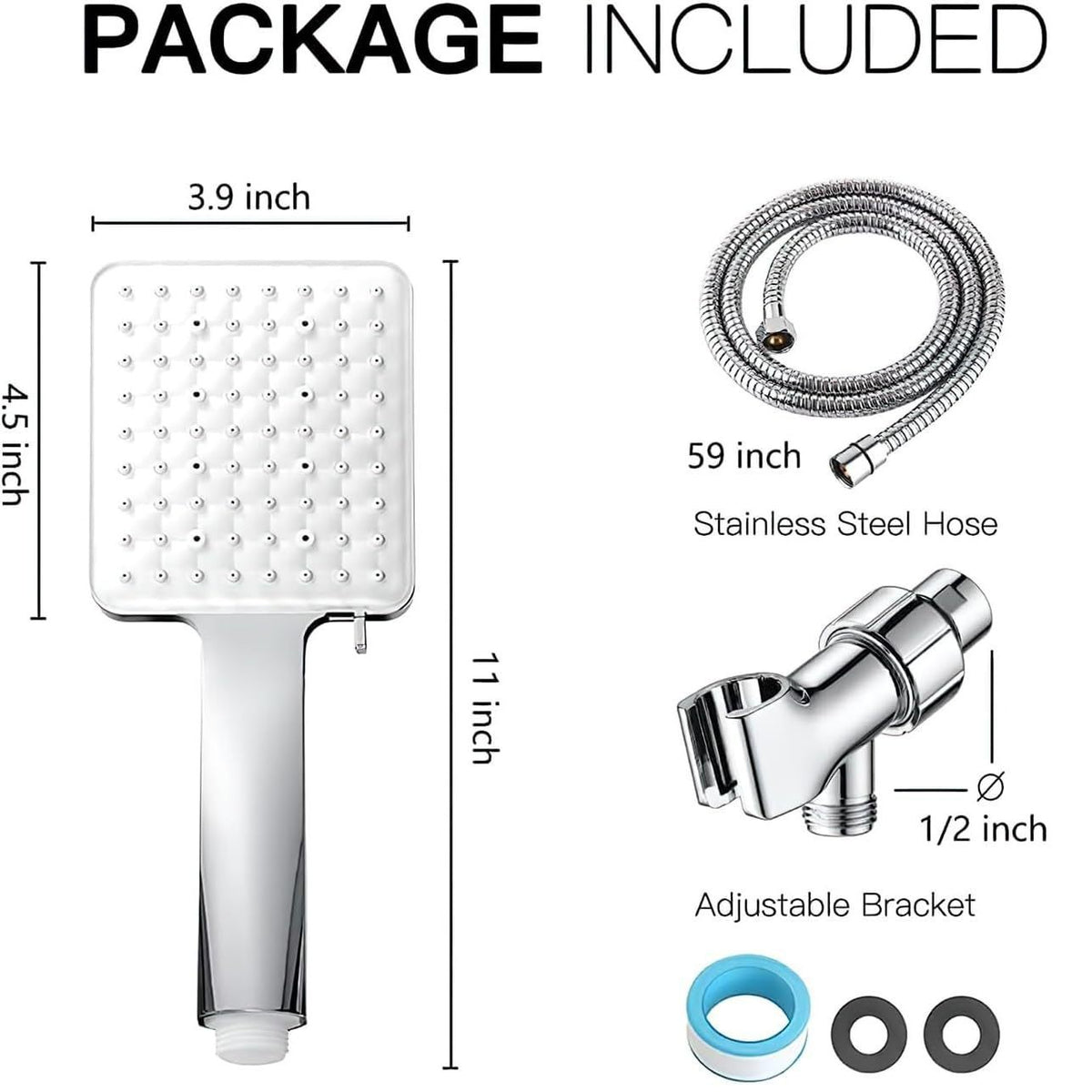 Shower head set with square rain head, stainless hose, and adjustable bracket, chrome