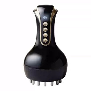 Black electric meridian massager with gold roller tips and small control lights on top.