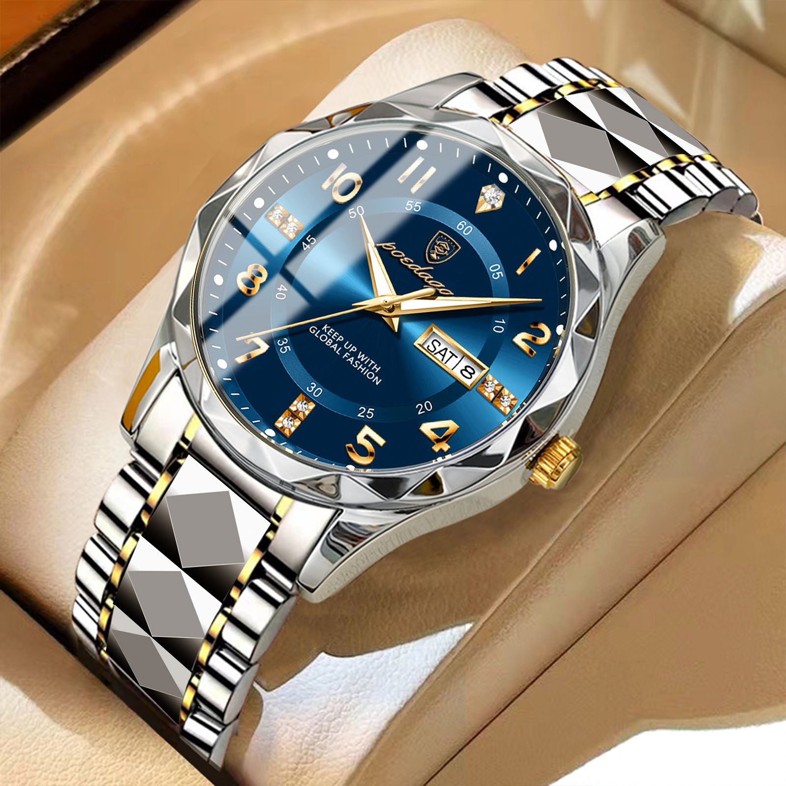 Men's luminous quartz wristwatch with blue dial and black leather strap, silver case