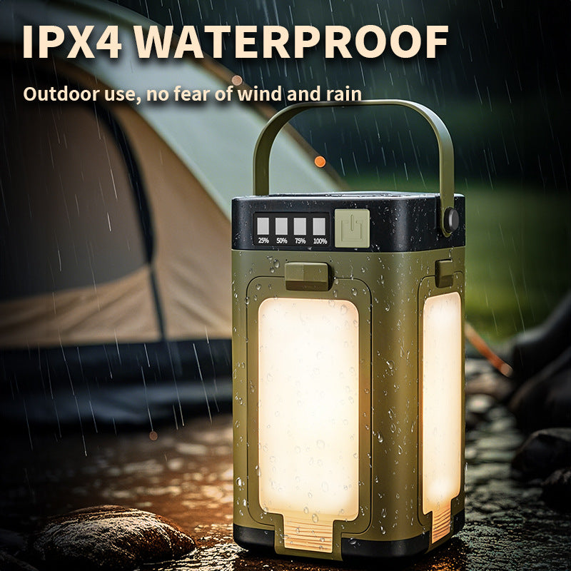 Olive waterproof camping lantern with large front light and top handle, water droplets