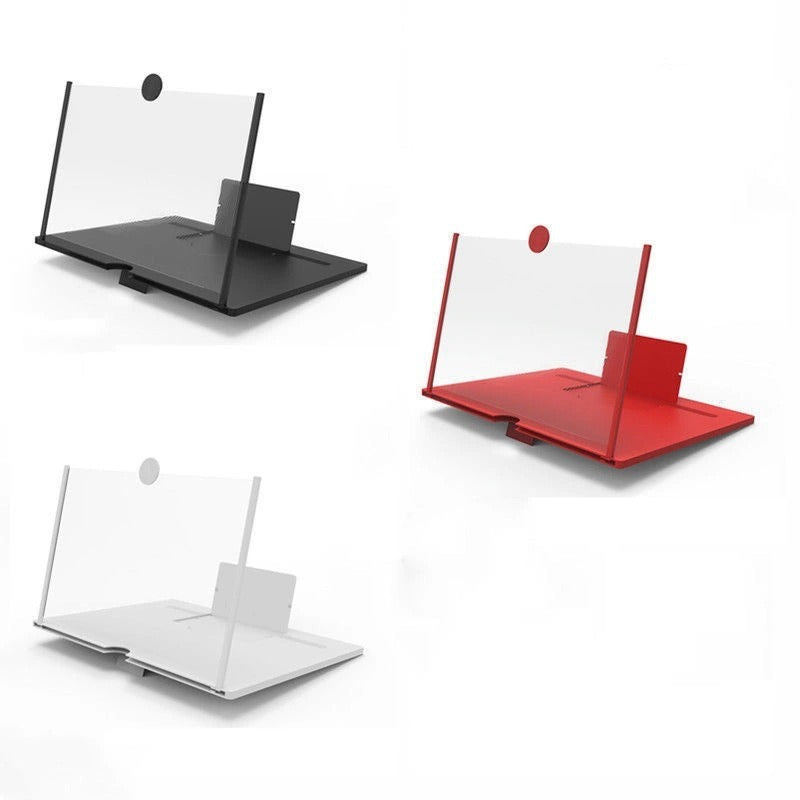 Set of 10-inch phone screen magnifier stands in black, red, and white