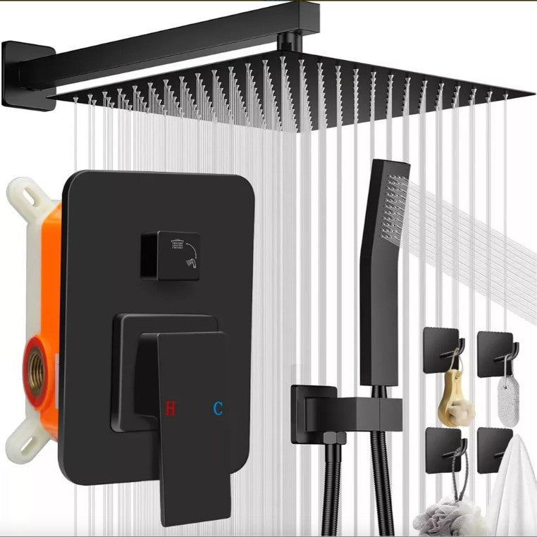 Concealed shower control valve with black thermostatic trim and hose connections