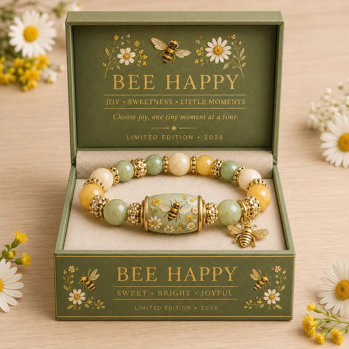 Beaded lucky bracelet with yellow-gold beads, bee charm, and floral centerpiece on elastic cord