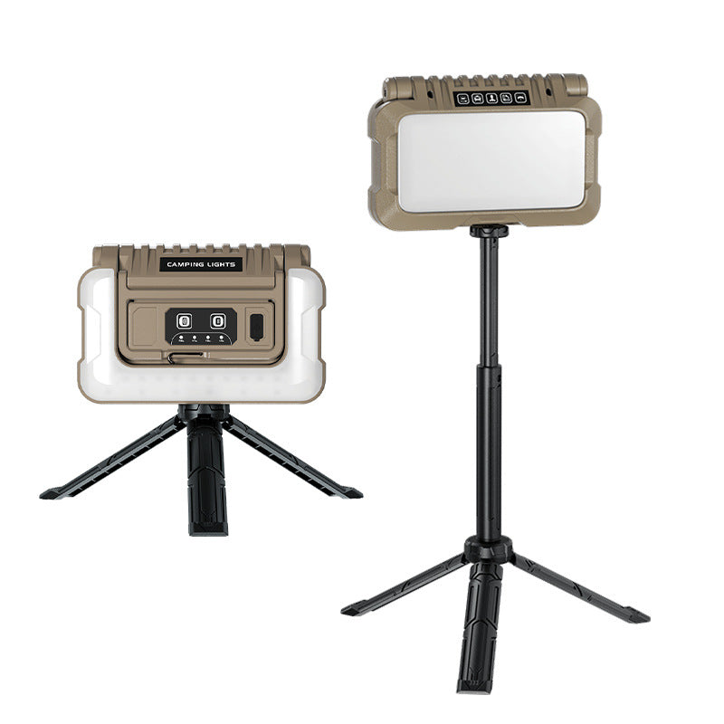 Olive camping lantern on tripod stand with adjustable legs and front light