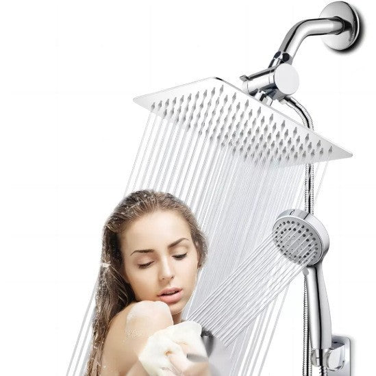 Stainless steel rainfall shower head set with handheld sprayer and slide bar