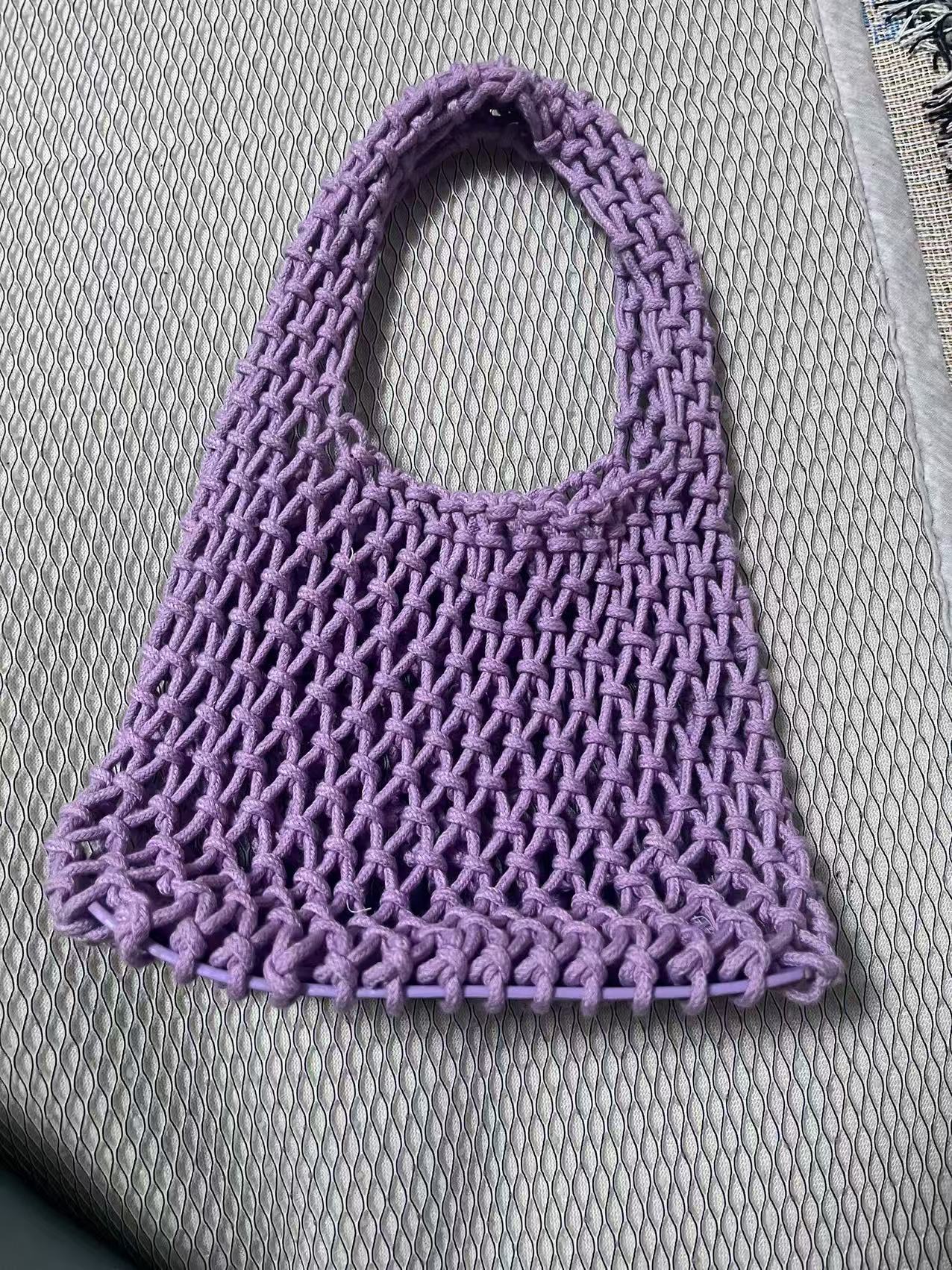 Lavender purple rope bucket bag with top loop handle and textured net weave
