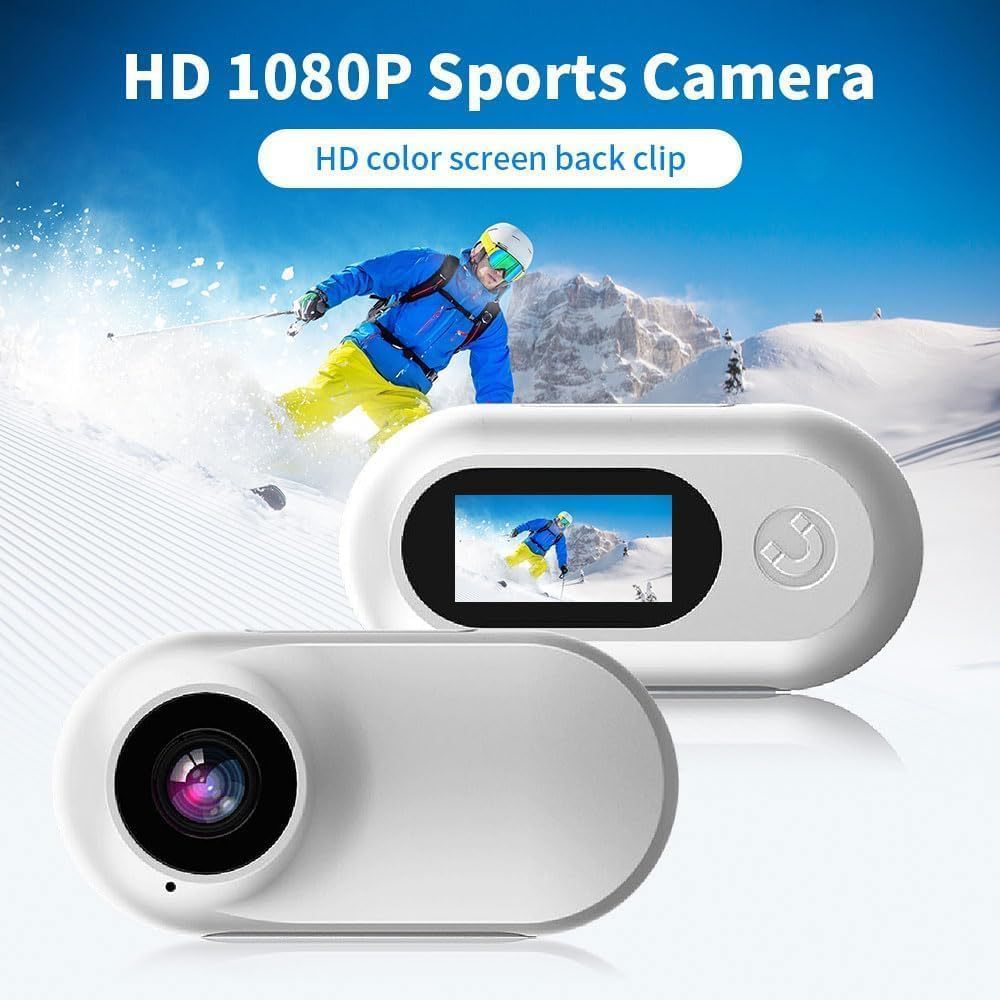 White mini sports body camera with display screen