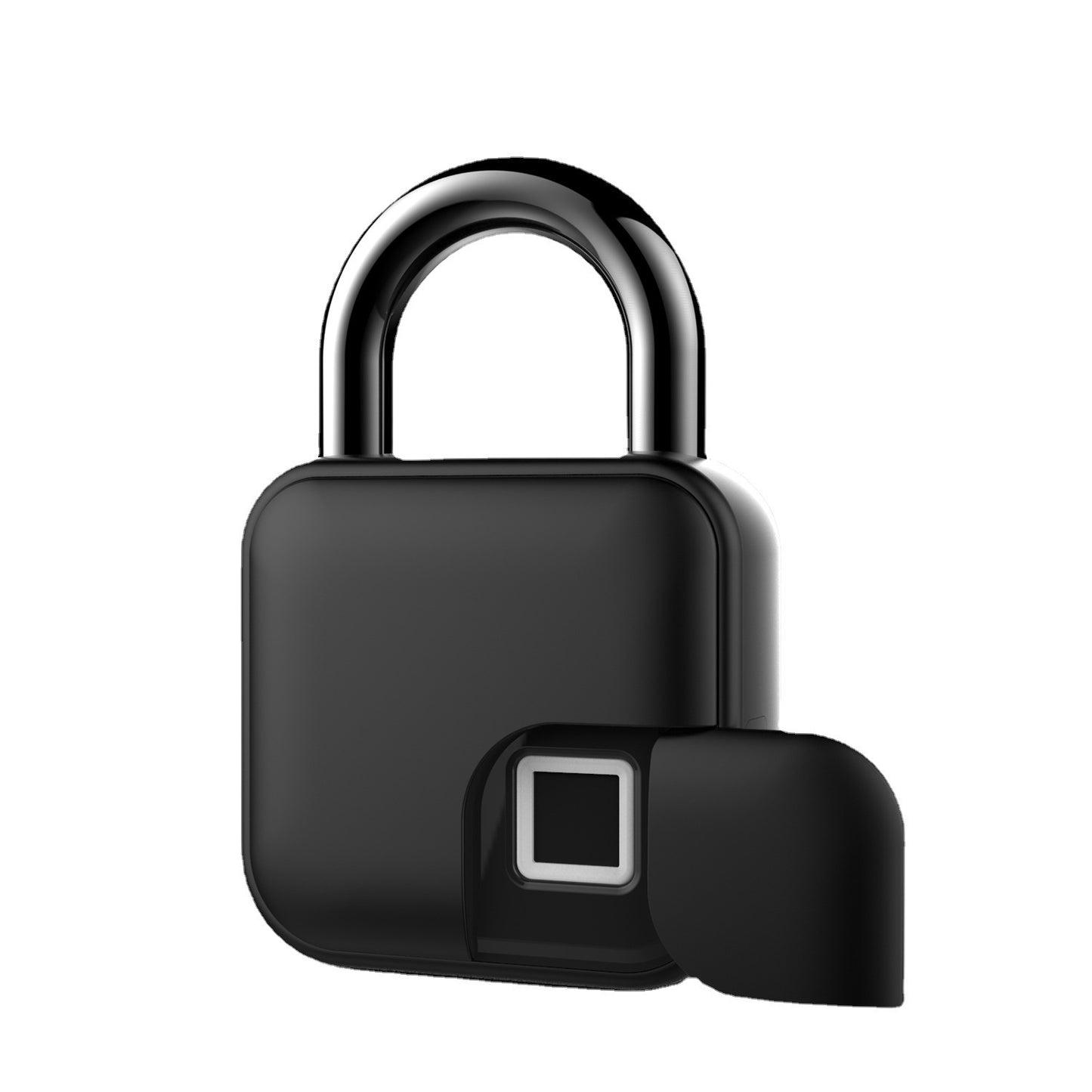 Black fingerprint padlock with sensor window on front and curved shackle