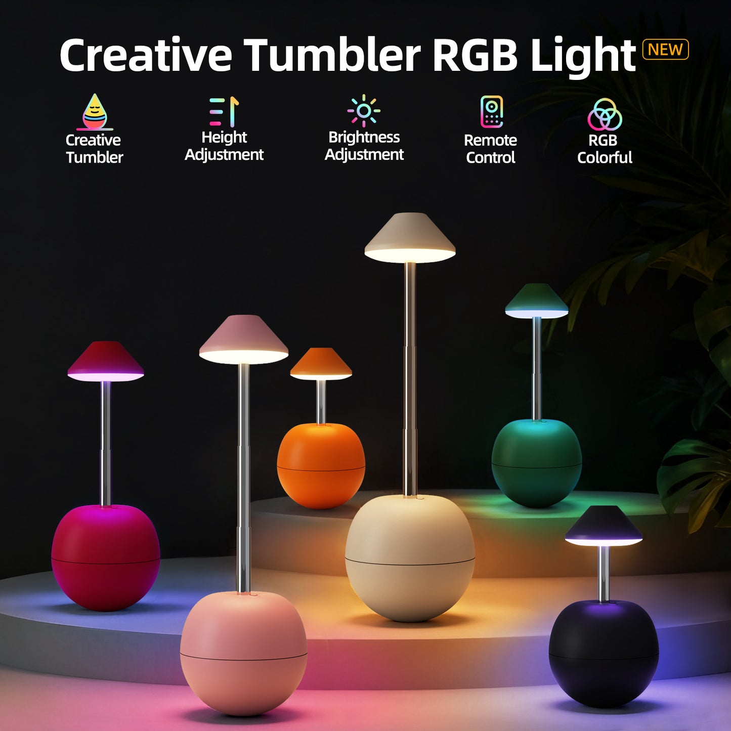 Rechargeable RGB LED bedside night lights with multicolor tumbler bodies and glowing shades