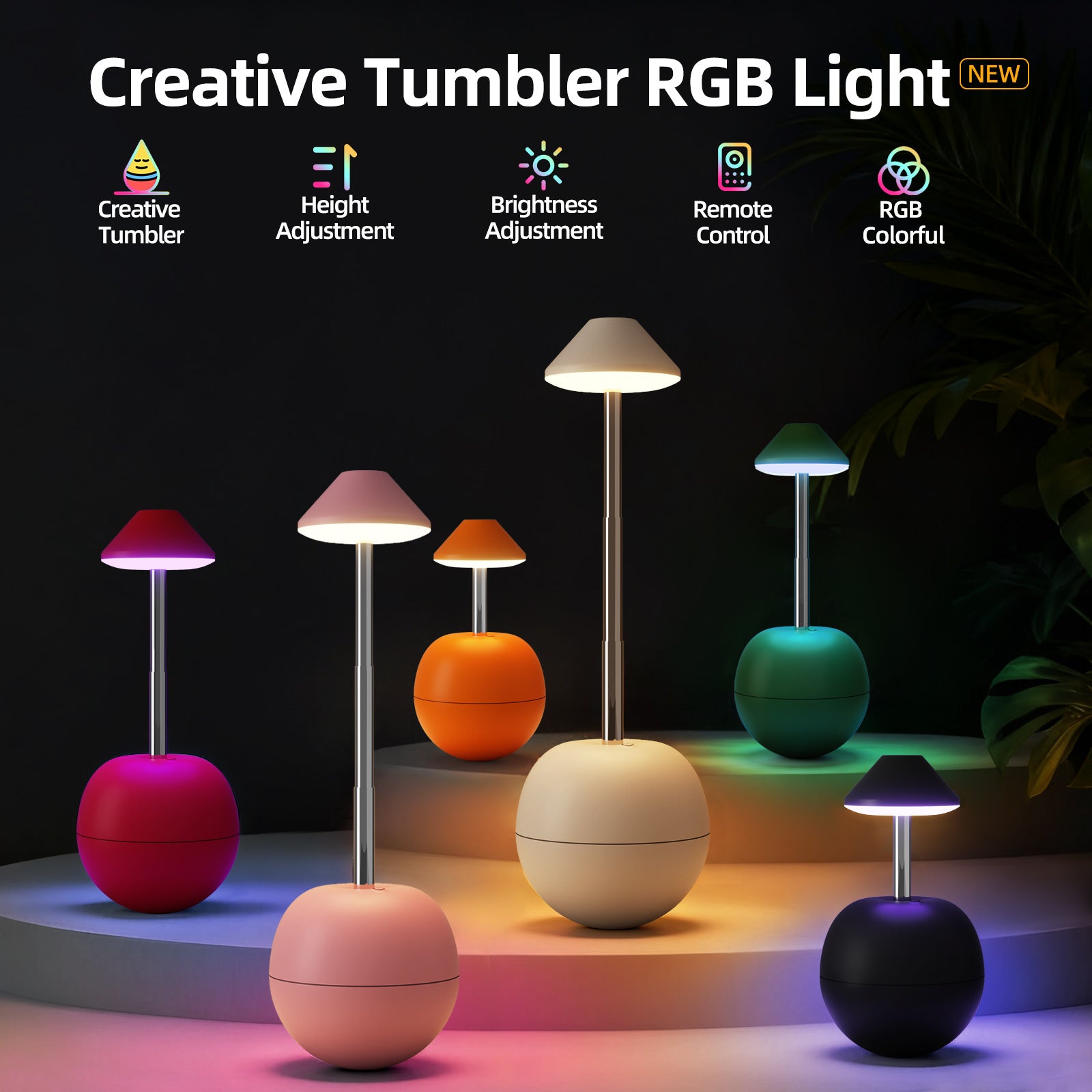 Rechargeable RGB LED bedside night lights with multicolor tumbler bodies and glowing shades