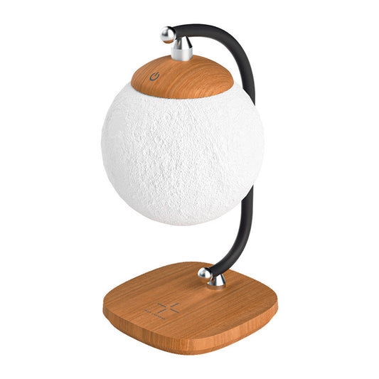 Wireless charging moon lamp with white globe, wood base, and black curved metal stand
