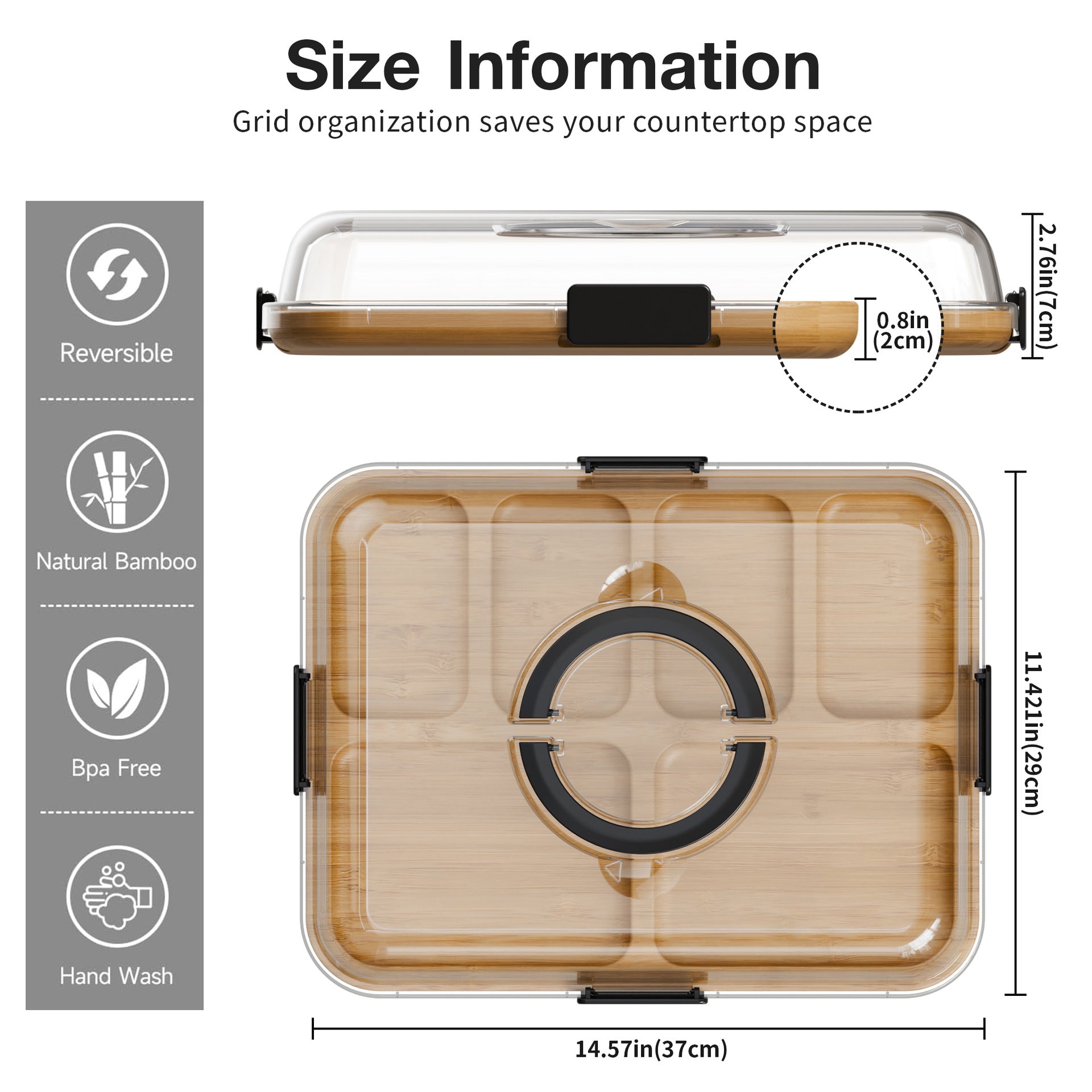 Bamboo charcuterie board with clear lid and black latch, with size measurements