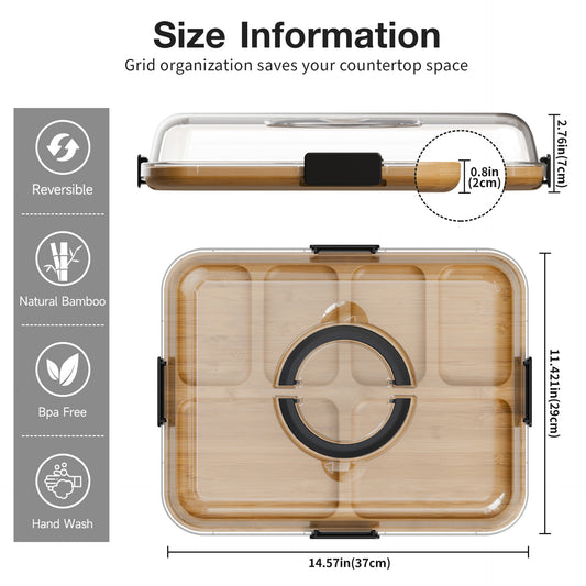 Bamboo charcuterie board with clear lid and black latch, with size measurements