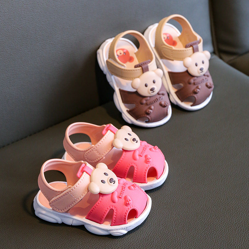 Kids bear sandals in brown and pink, beige straps, white soles, bear head front patches