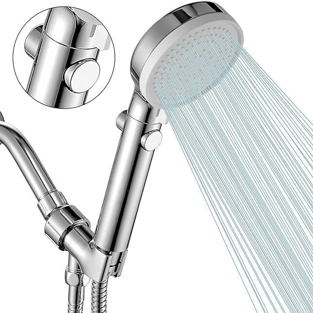 Chrome handheld shower sprayer with hose connection and adjustable bracket, stainless finish