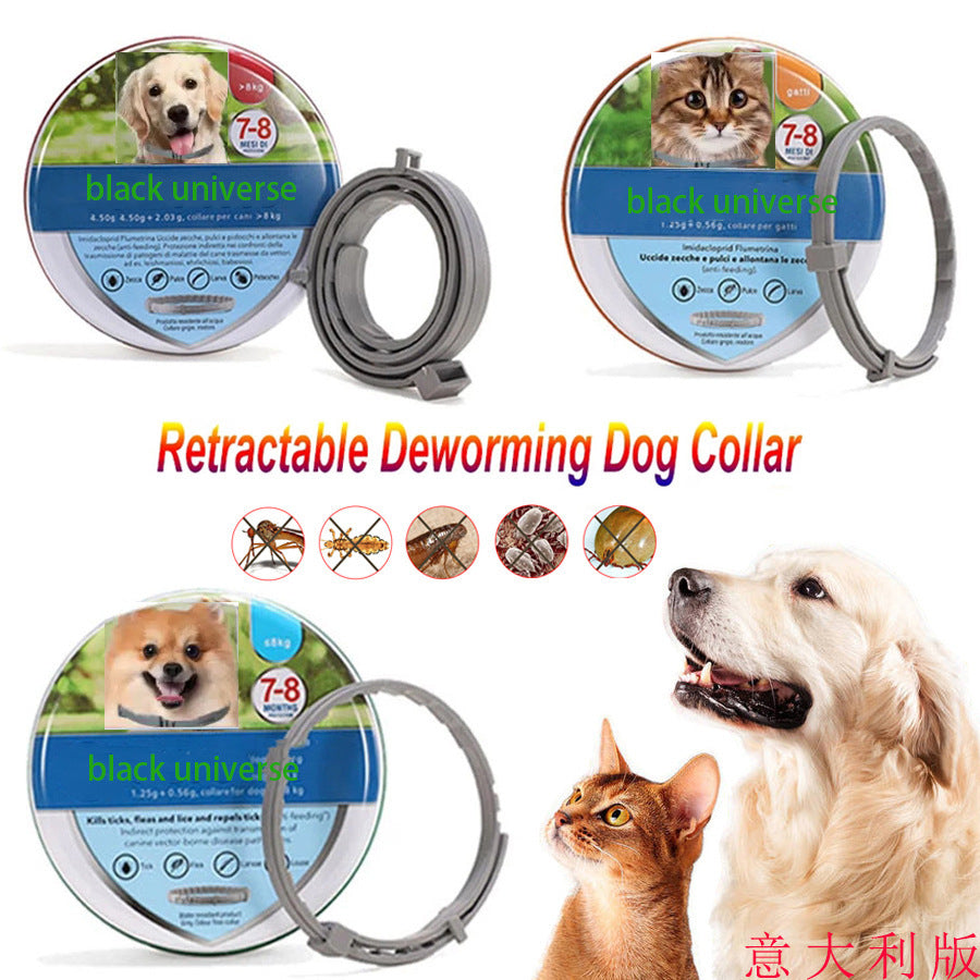 Gray retractable dog flea and tick collar, Black Universe, with packaging