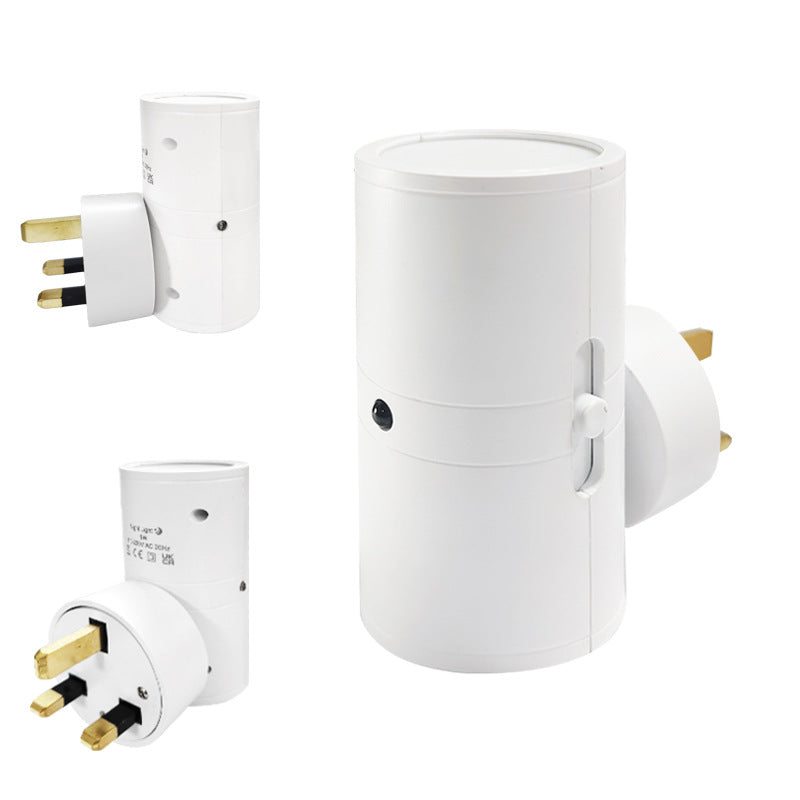 White cylindrical LED night light with motion sensor and wall plug, multiple views shown