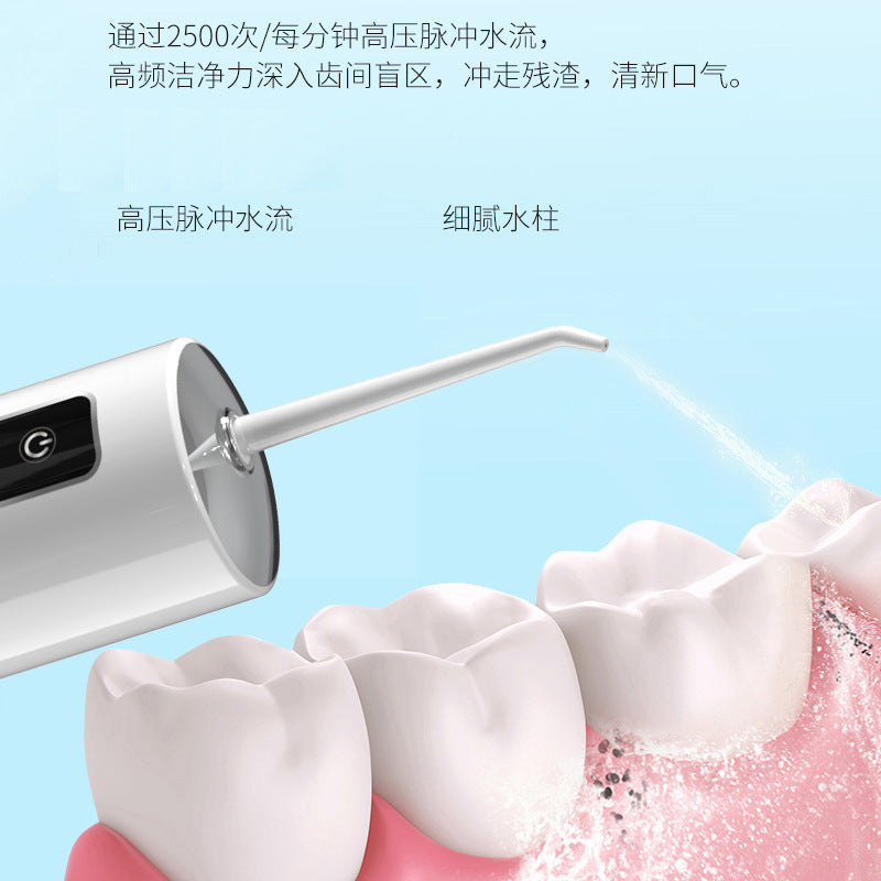 Water jet from flosser nozzle aimed at teeth for deep cleaning