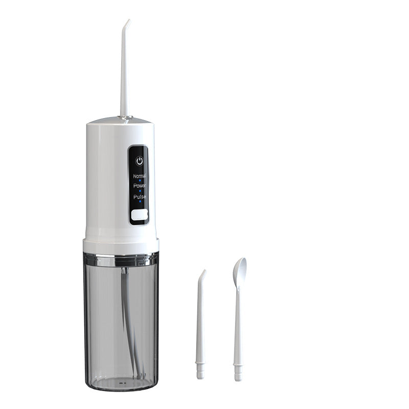 White and chrome rechargeable water flosser with vertical tank and two detachable tips