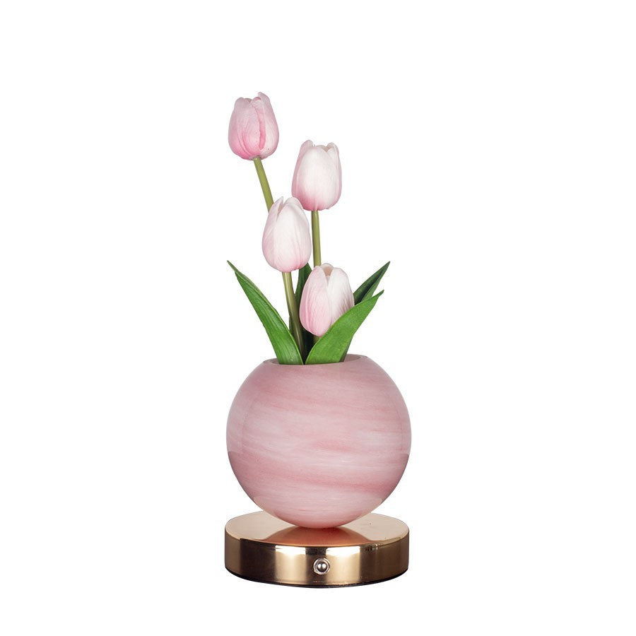 LED tulip night light with pink tulips in pink spherical pot on metal base