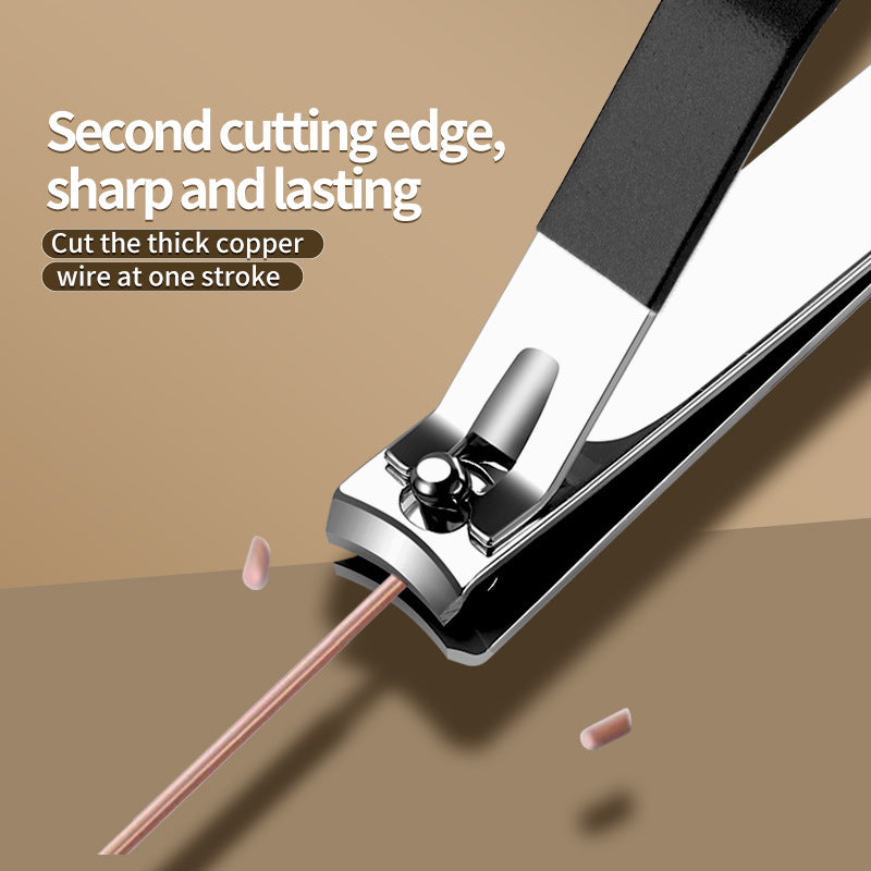 Silver stainless nail clipper with black top, close-up cutting head