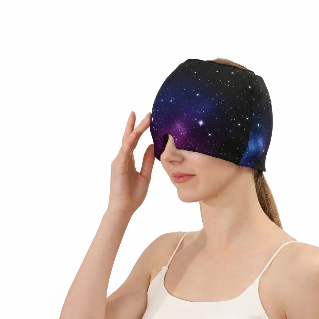 Gel ice hot compress head hood with purple-blue galaxy pattern, fitted head wrap.