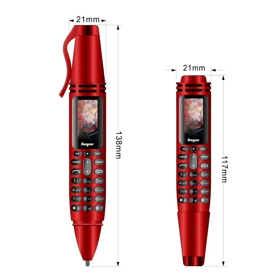 Red AK007 mini GSM 2G phone size diagram, front and side keypad views