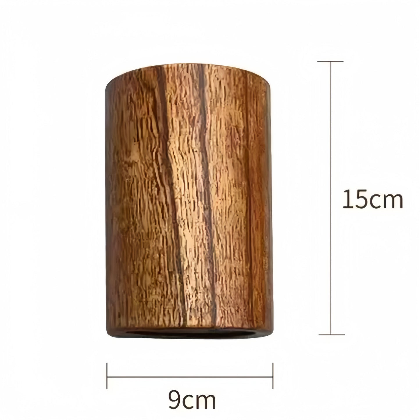 Wooden utensil holder cylinder with textured acacia grain, 15cm height and 9cm width
