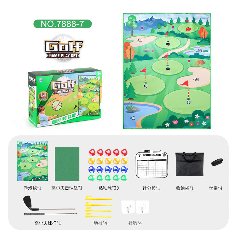 Children's golf play mat with forest scoring course plus included clubs, balls, and scorecard