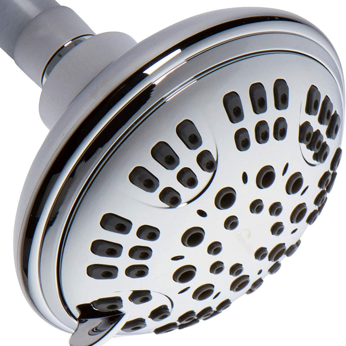 Round chrome shower head with dense spray holes and central nozzles