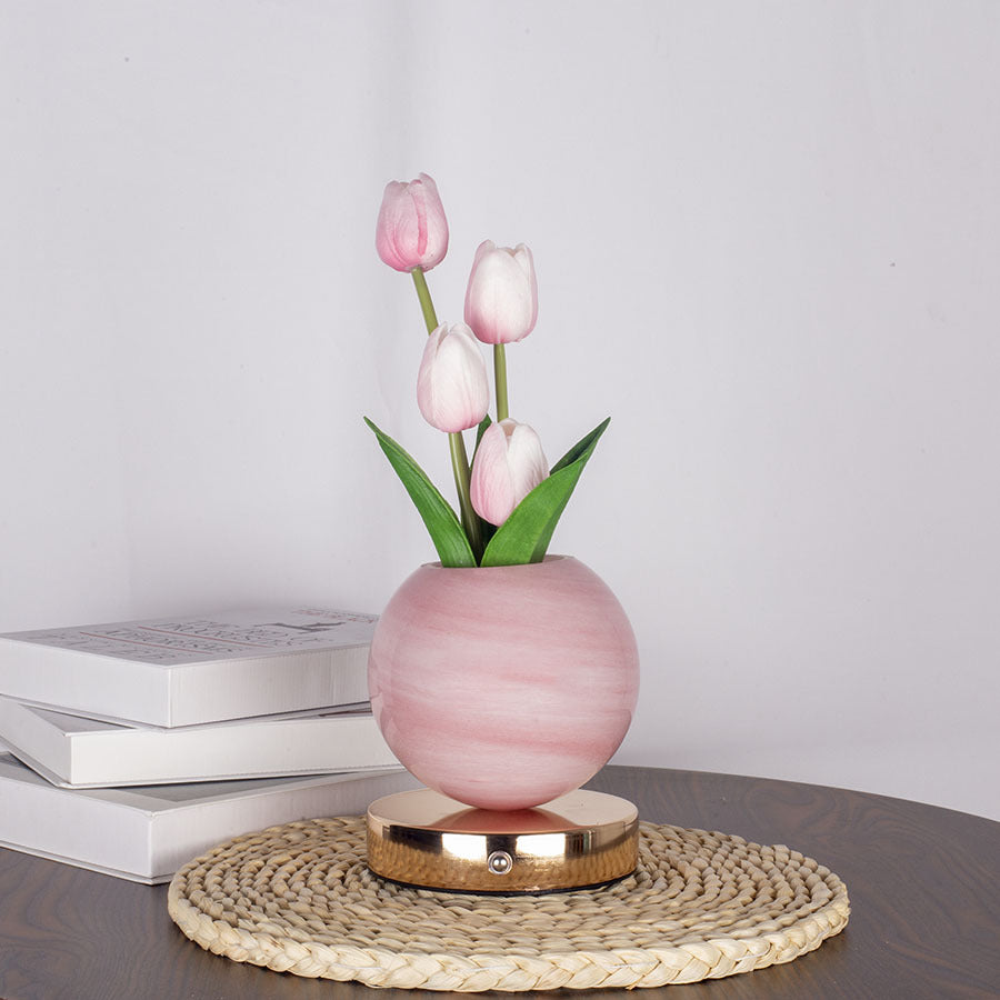 LED tulip night light with pink tulips in pink spherical pot on round base