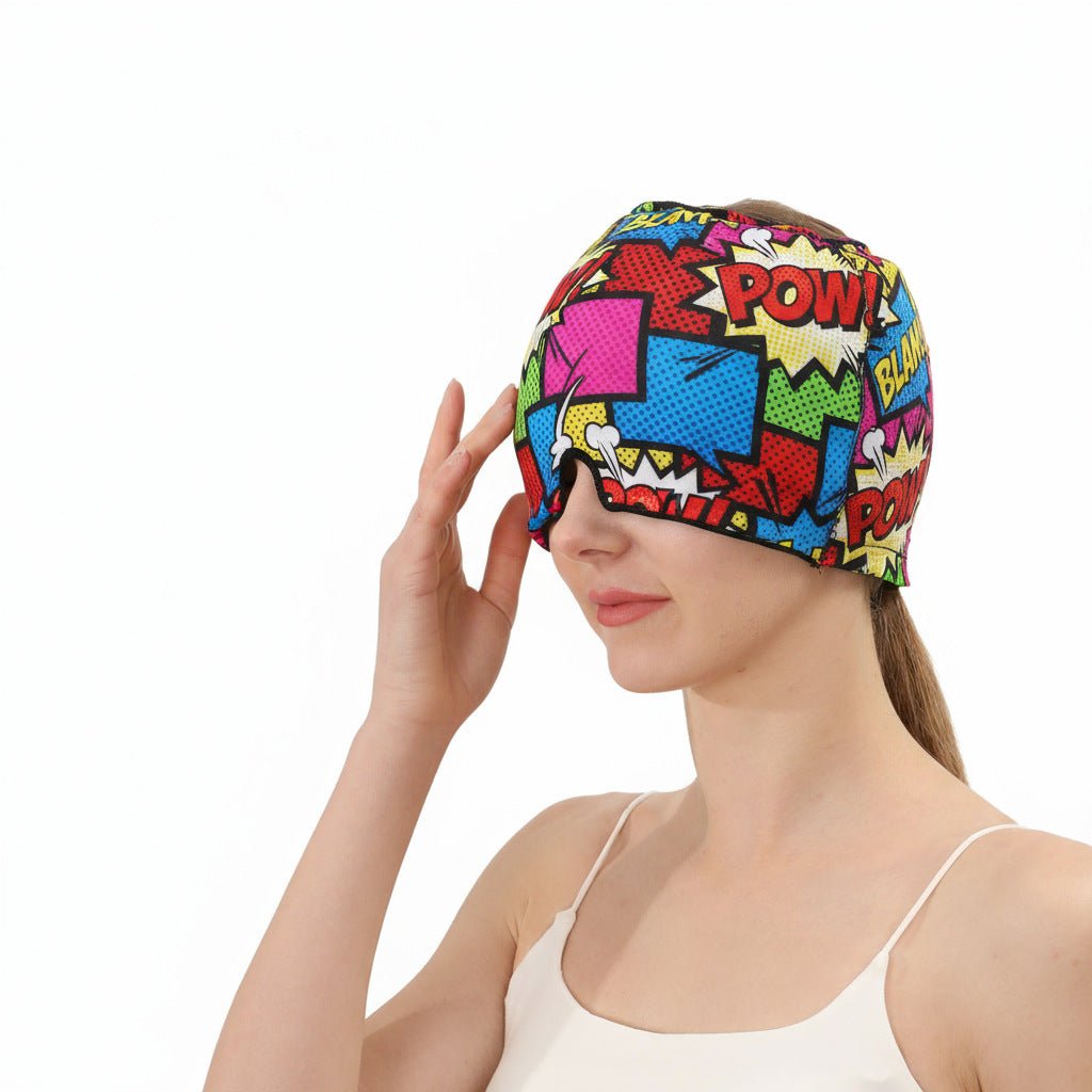 Gel ice hot compress head hood with colorful comic pop-art print, fitted head wrap.