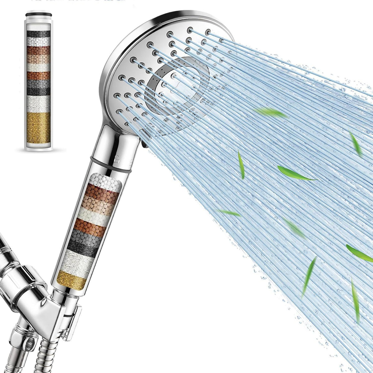 Handheld shower head showing fine spray pattern over a filter cartridge canister