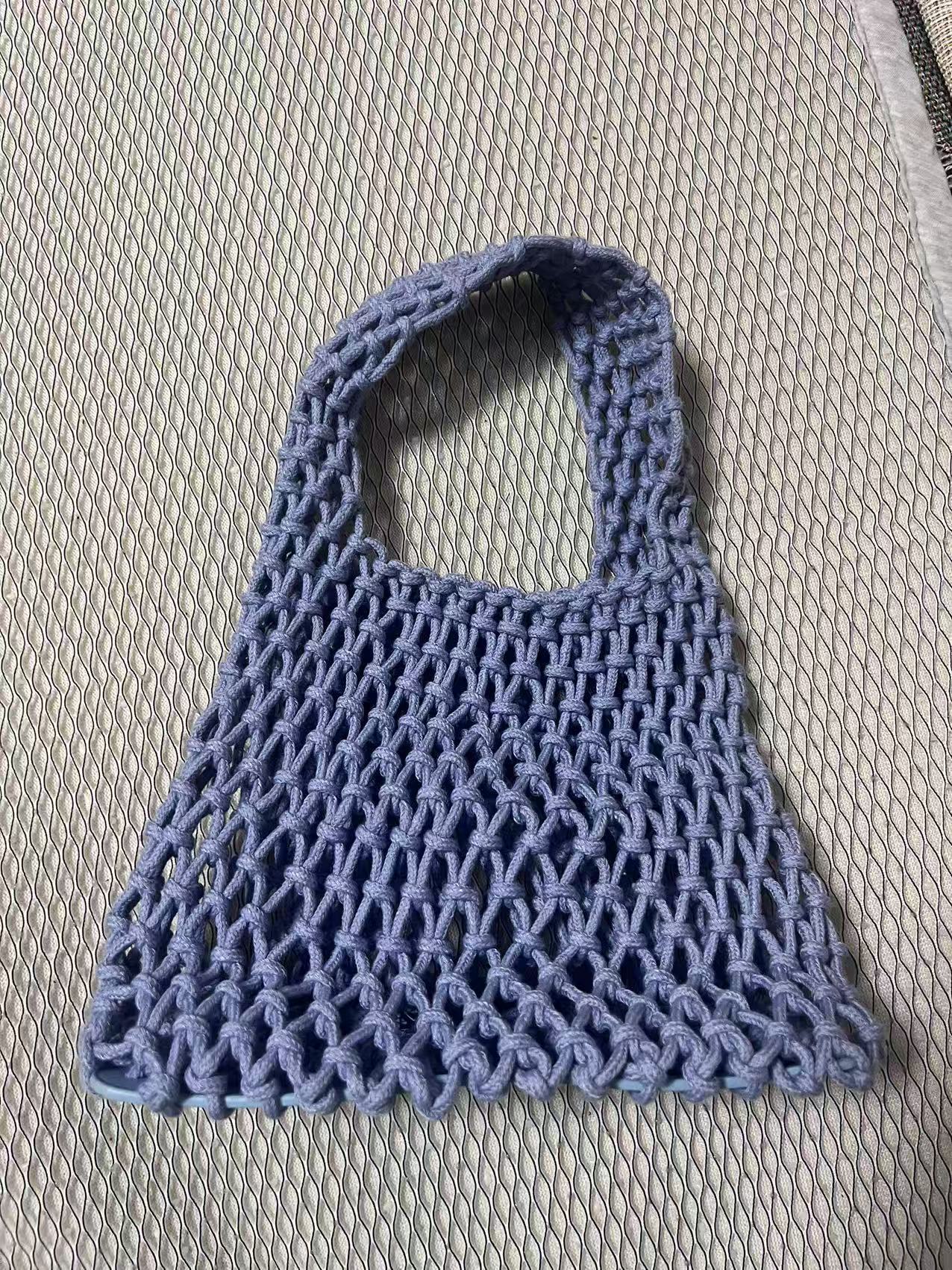 Light blue cotton rope woven bucket bag with hollow net mesh and short loop handle