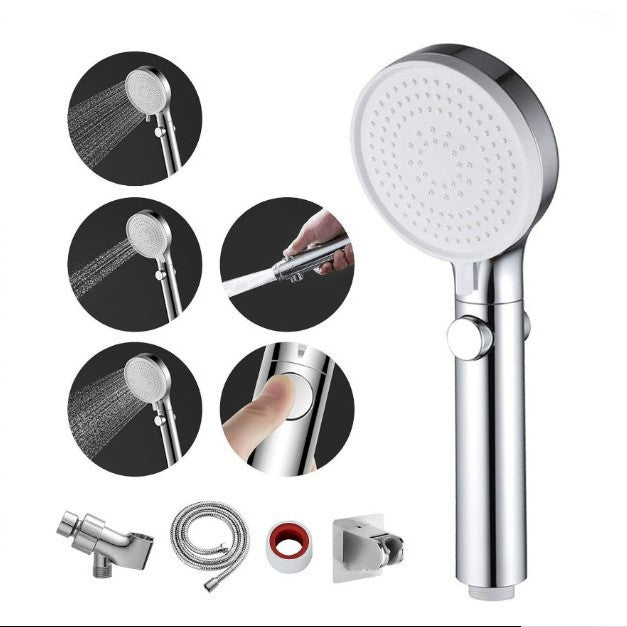 Chrome handheld shower head set with accessories and multi-view shower head details