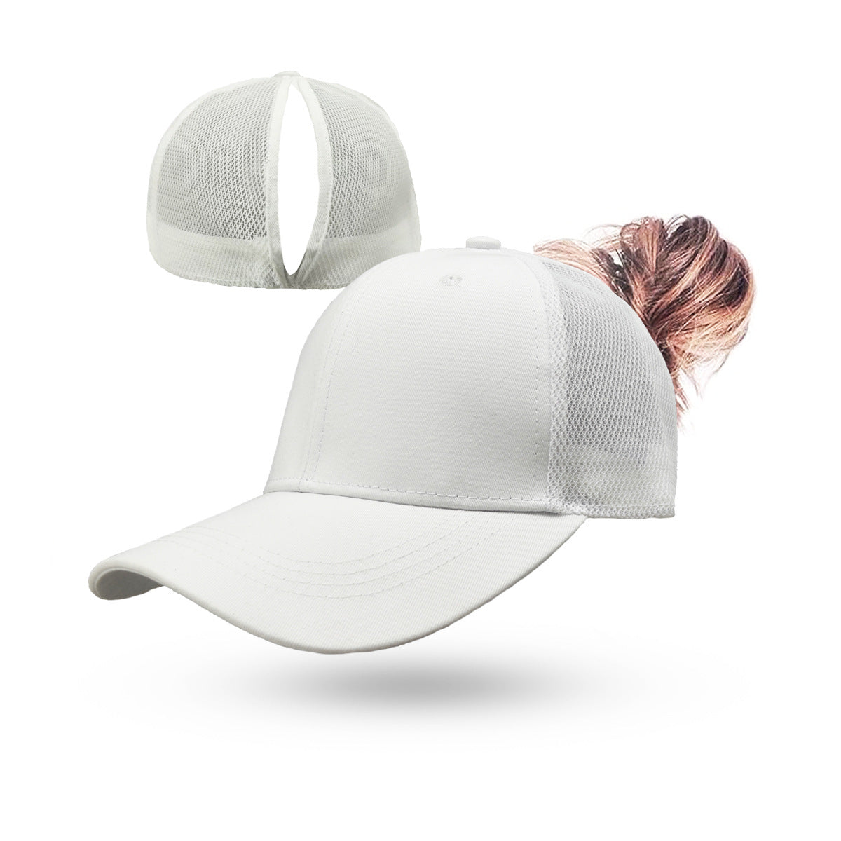 White mesh ponytail baseball cap with open back and curved brim