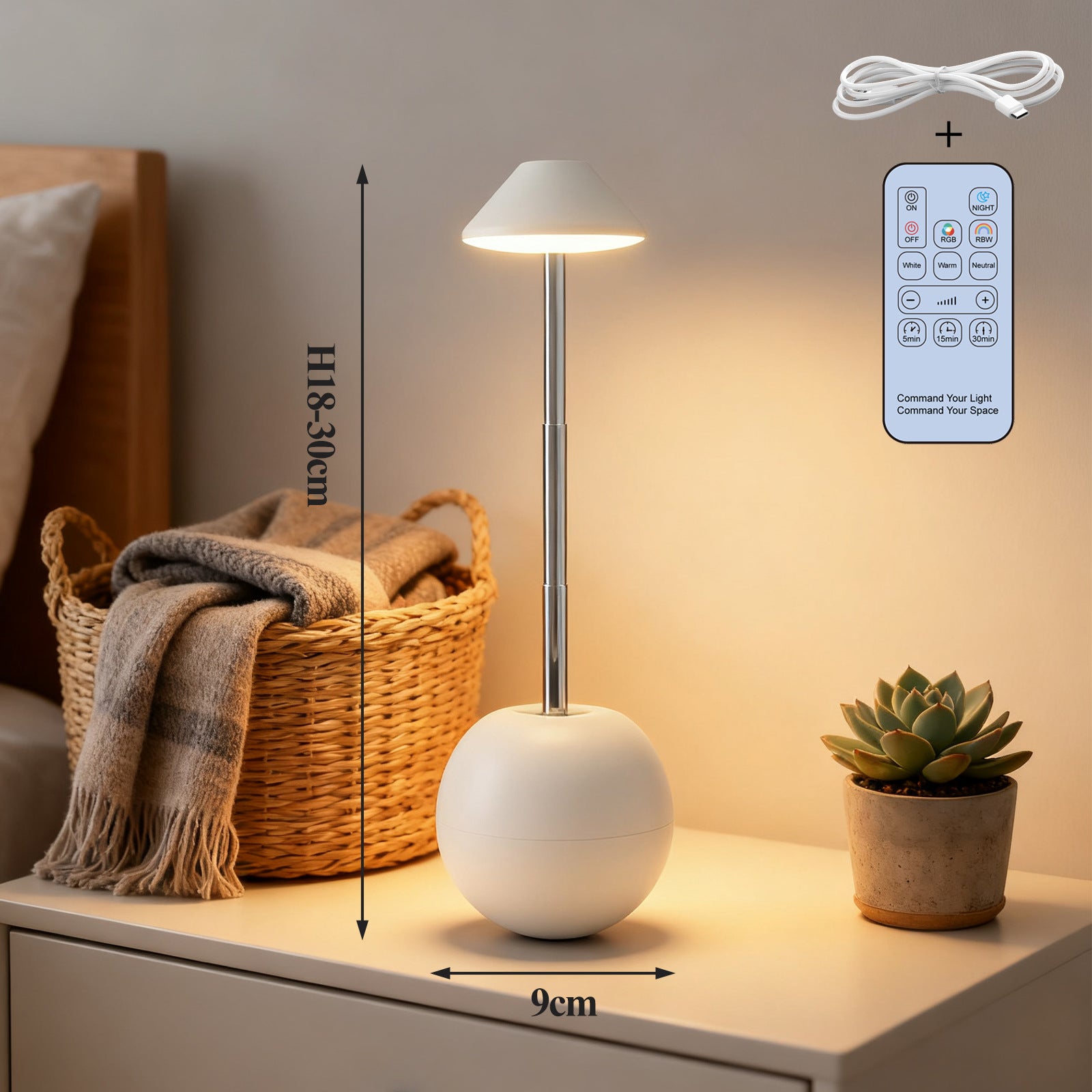 Rechargeable LED bedside night light with white tumbler base, warm glow, and remote control