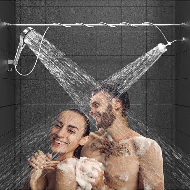 Double handheld shower head set with dual spray streams and concealed ceiling bar, black