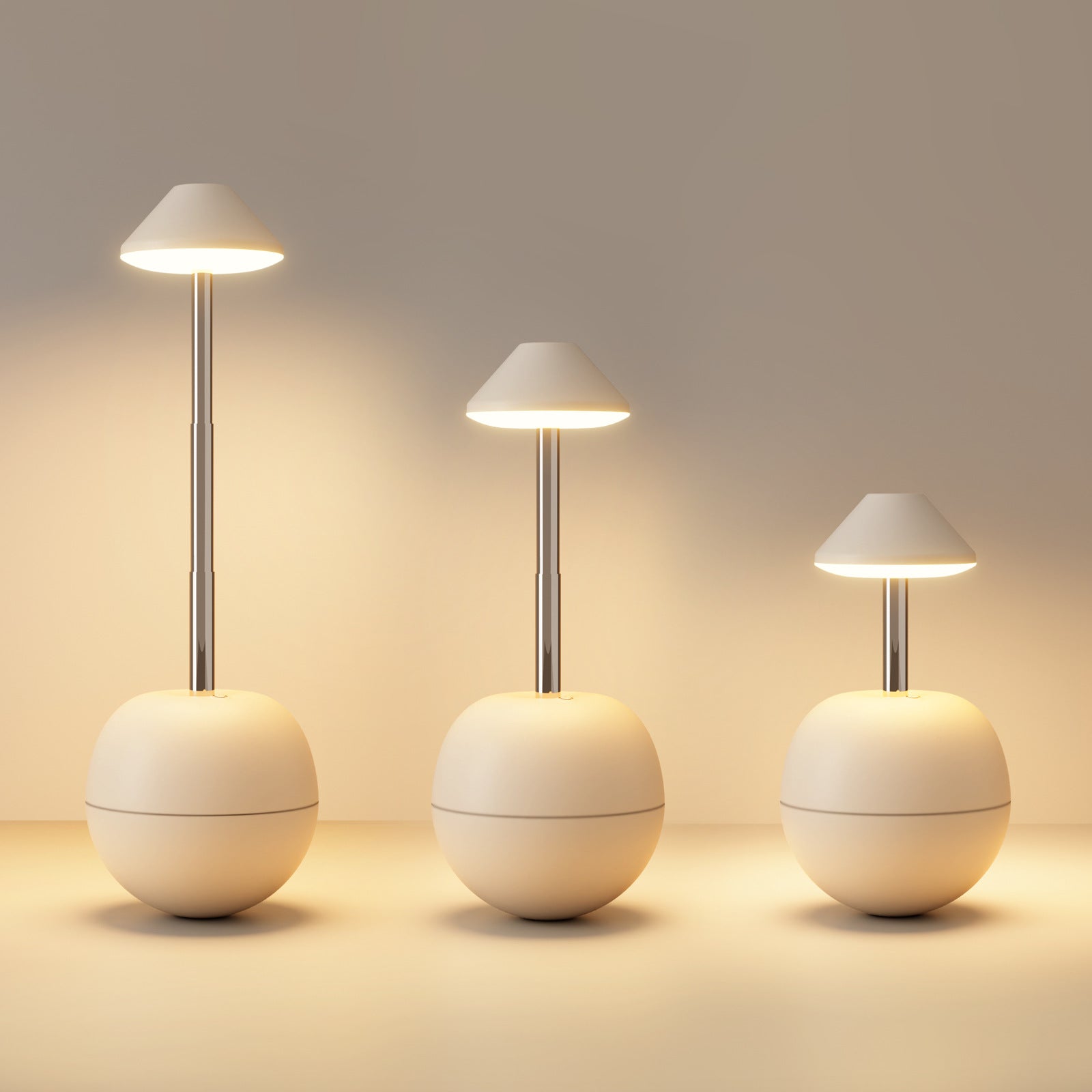 Rechargeable LED bedside night light with white tumbler body and warm glowing lamp shade