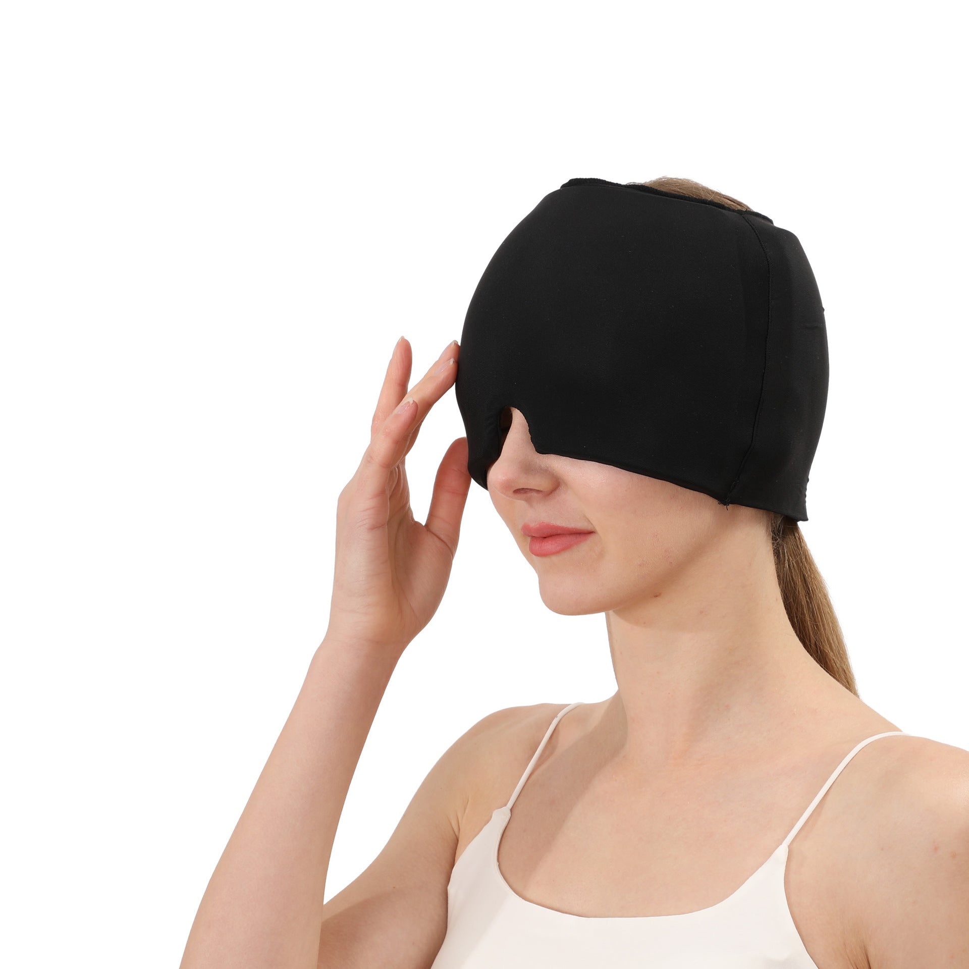 Gel ice hot compress head hood in black, fitted face-covering head wrap.