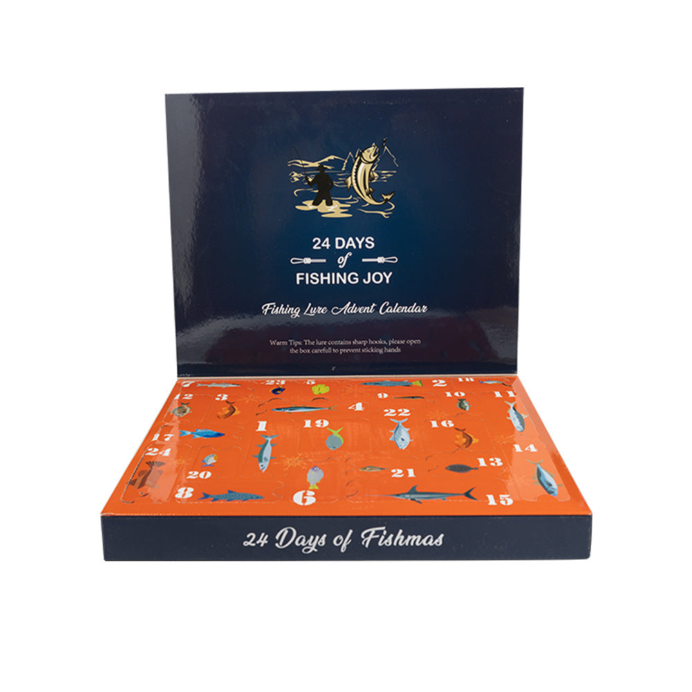 Fishing lure advent calendar box with dark cover and orange countdown panel