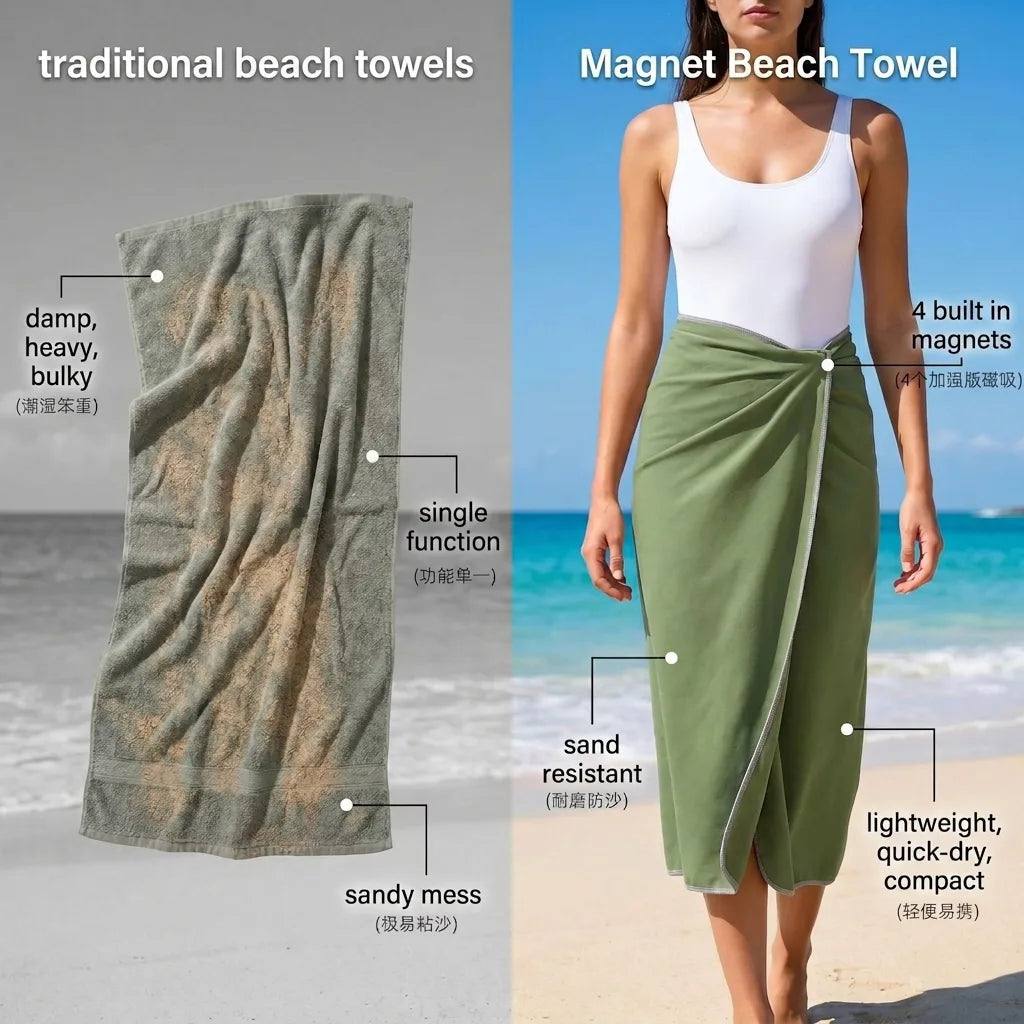 Olive quick-dry microfibre beach towel, lightweight compact wrap