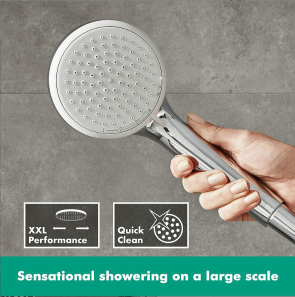 Large round chrome shower head and handheld sprayer with easy-grip handle