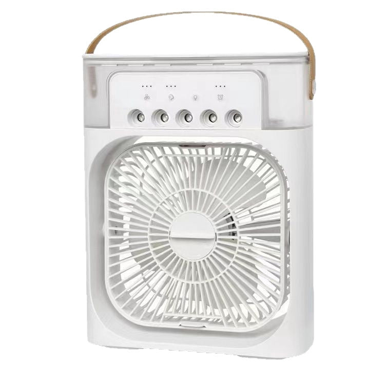 White desktop mist cooling fan, front view with control panel and grille