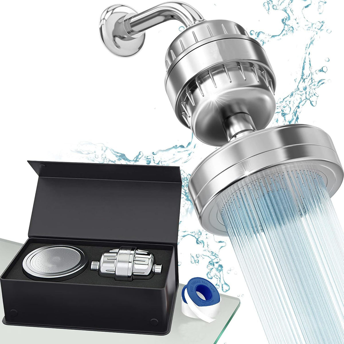 Stainless steel shower head set with handheld unit and extension rod in open storage box
