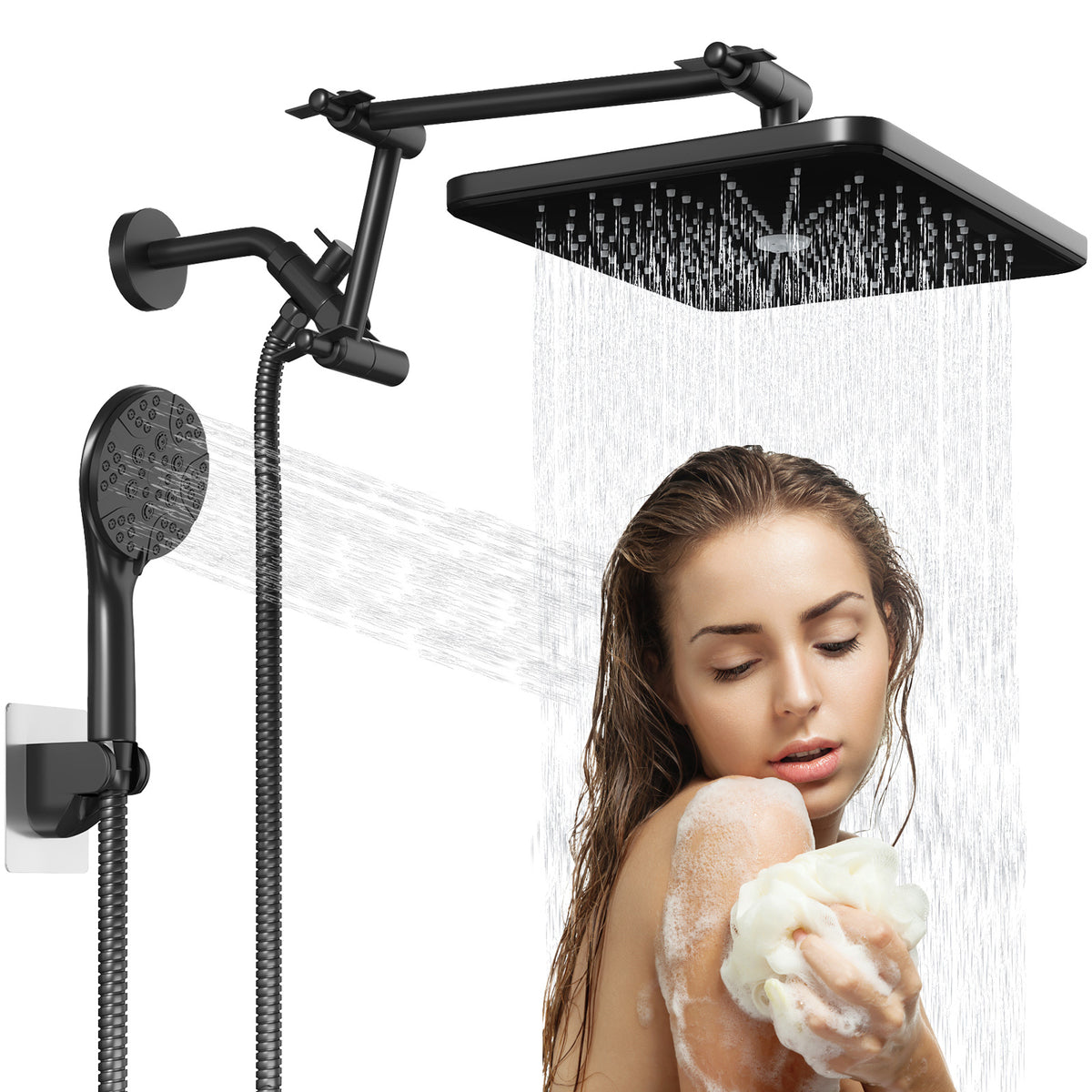 Black shower head set with square rain shower and handheld sprayer, adjustable bracket