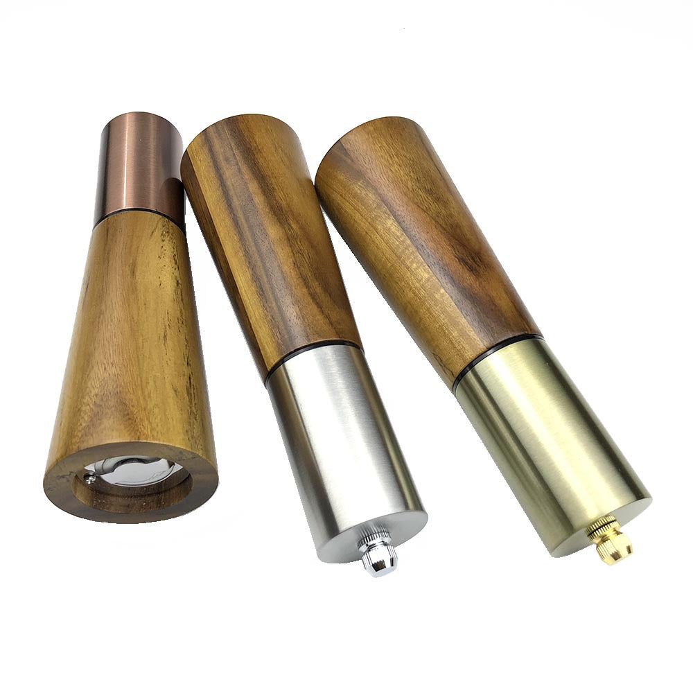 Pair plus one acacia wood pepper and salt grinder with metal tops and gold outlet