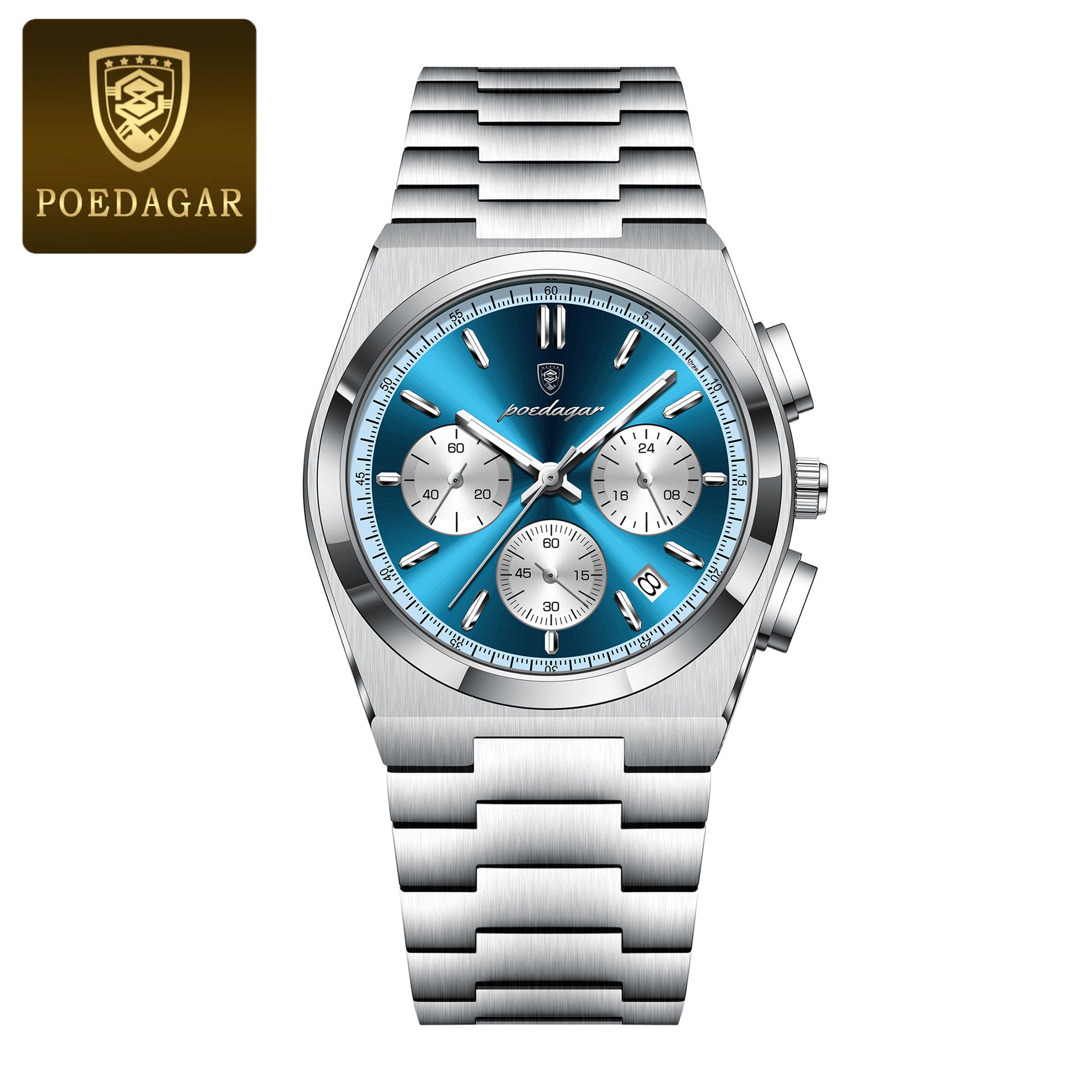 Men's quartz chronograph watch, blue dial with three subdials and silver metal bracelet